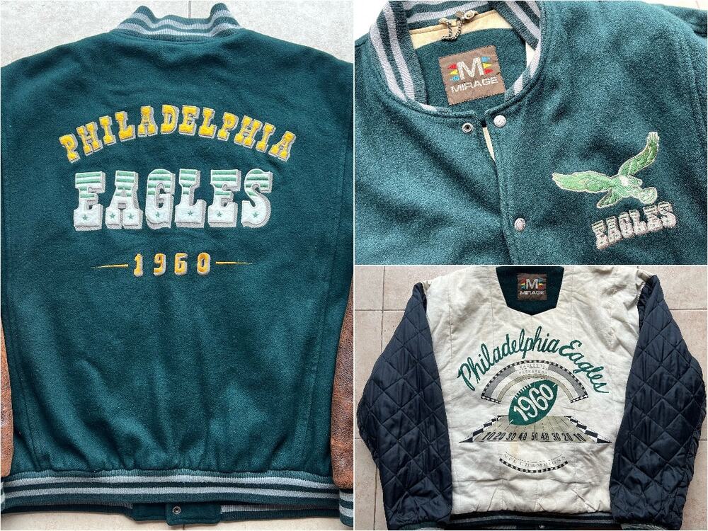 Philadelphia Eagles 90s MIRAGE bomber LEATHER wool 1960 jacket XL kelly NFL vtg